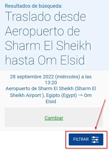 Filtros para seleccionar una oferta de traslado con equipaje