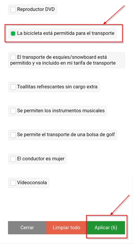 Fragmento de una página web con un filtro para seleccionar tipos de equipaje.