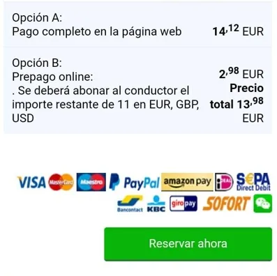 Fragmento del formulario de pedido de transferencia con opciones de pago.