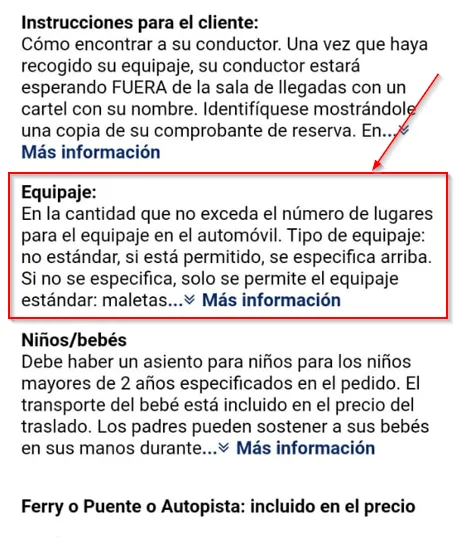 Franquicia de equipaje en la descripción del traslado en coche