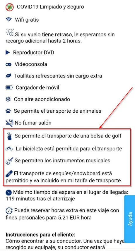 Tipos de equipaje en la descripción del traslado en coche