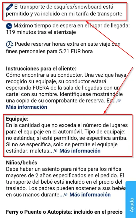 Un fragmento de una página web con una descripción de las opciones de coche.
